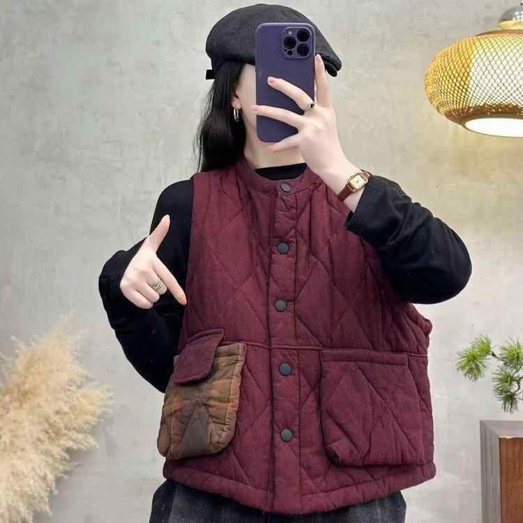 ベスト レディース 秋冬 レトロ 切り替え 中綿 あったか デザイン ゆったり ラウンドネック チョッキ 文芸風 ワインレッド コーヒー色 紺色