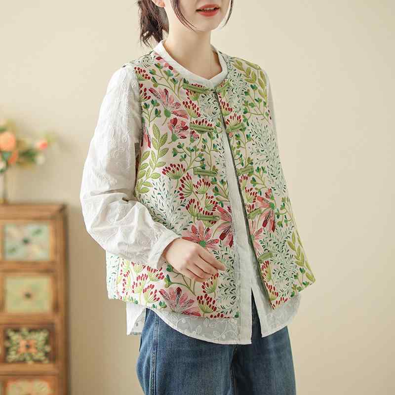ベスト レディース 刺繍 ゆったり 中華風 エスニック ジャカード 花柄 大きいサイズ トップス インナー アウター 綿麻 春