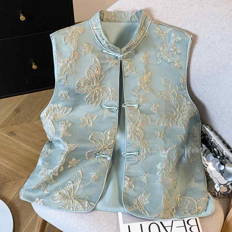 ベスト レディース 中国風 重ね着 レトロ 提花 刺繍 ショート丈 ノースリーブ ジャケット チョッキ 文芸風 トップス
