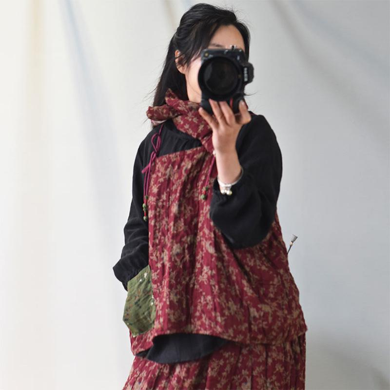 限りない レディース 春夏秋冬 レトロ 和風 刷り上げる ノースリーブ トップス 読みもの風 綿麻 赤花系 普段使い走り 着飾る 重ね着2