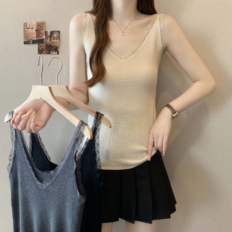 ニットベスト レディース 大きいサイズ Vネック 切り替え レース チュニック トップス ノースリーブ 伸縮性 ストレッチ ミディアム丈 オフィス カジュアル