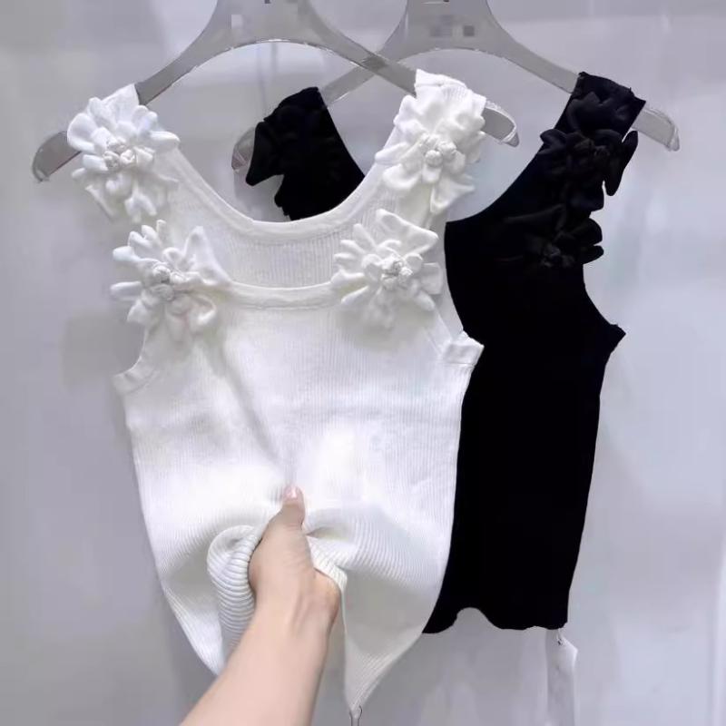 ニット レディース フレンチスタイル ノースリーブ トップス 立体 花柄 セクシー かわいい ブラック ホワイト アクリル 通勤 普段使い2