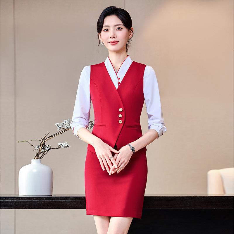 ベスト レディース 事務服 スーツ フォーマル ポリエステル Vネック 赤 黒 青 グレー OL 制服 オフィス ホテル フロント 受付 飲食店 業務 会社 面接 大きいサイズ