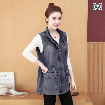 ベスト レディース デニムベスト 春秋 韓国 ノースリーブ アウター 重ね着 ブラック ブルー M L XL 2XL 3XL
