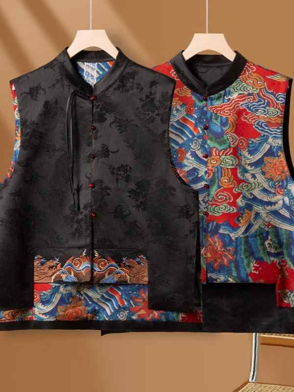 ベスト レディース 春物 中国風 刺・墸 エスニック レトロ リバーシブル ポリエステル 黒 青 赤 XL 2XL 3XL 4XL 5XL