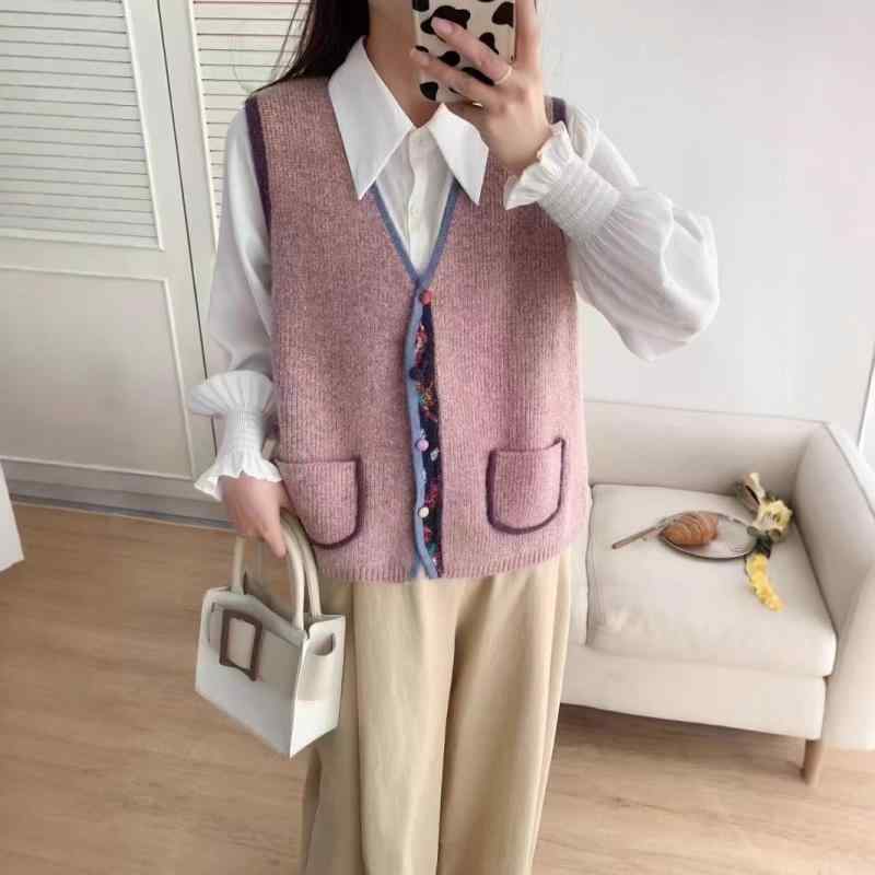 ニットベスト レディース レトロ Vネック ゆったり 婦人服 トップス 重ね着 コットン カジュアル かわいい 切り替え 配色2