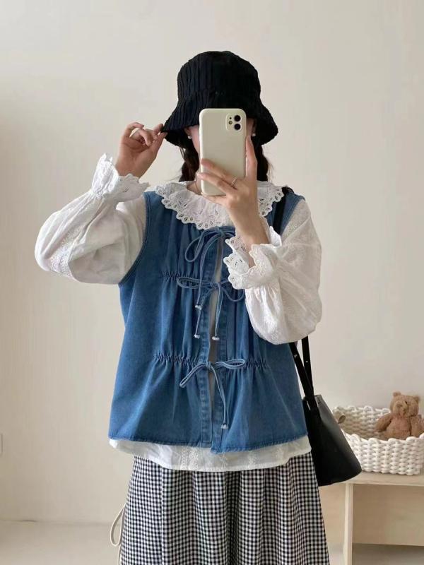 ベスト レディース デニム 森ガール ギャザー ゆったり 重ね着 かわいい おしゃれ カジュアル