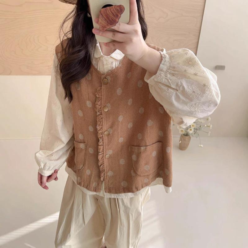 ベスト レディース 春 小柄 丸首 コットン リネン 麻 レイヤード 重ね着 ゆったり かわいい イエロー 黄色 グレー ベージュ 文芸風 ノースリーブ チョッキ トップス2