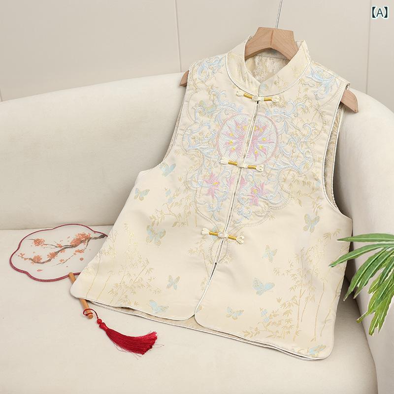 ベスト レディース 春物 中華風 刺繍入り ジャカード ショート丈 トップス レトロファッション チャイナボタン チョッキ 立ち襟 ポリエステル ライトイエロー ライトブルー ピンク