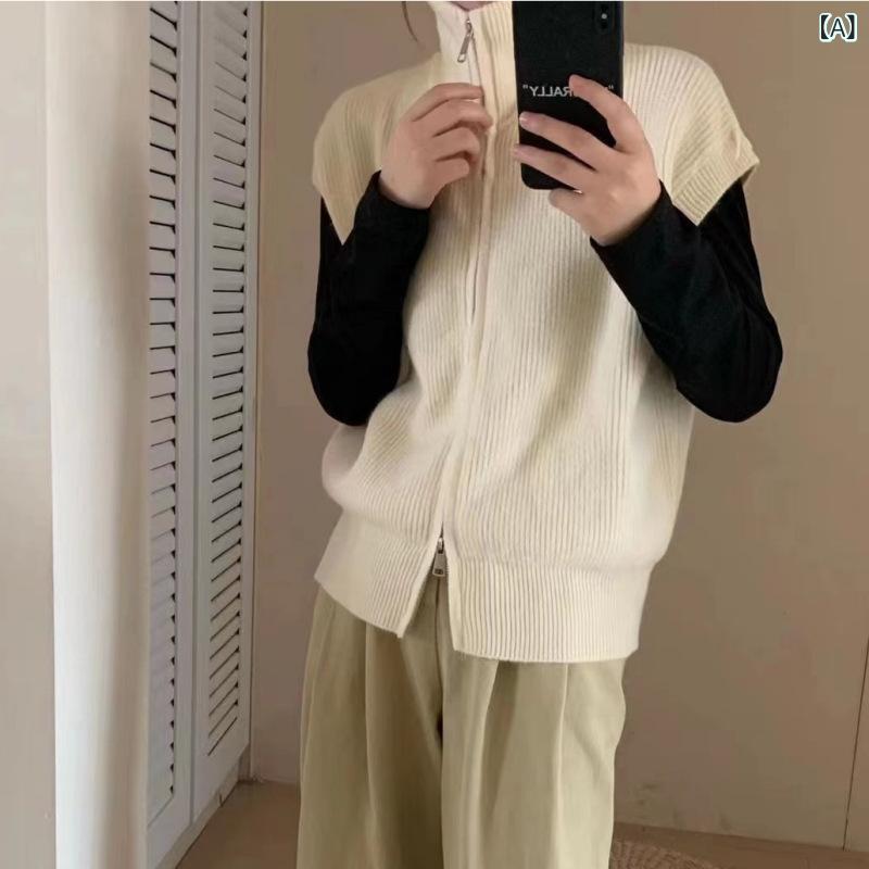 ニット ベスト レディース 高襟 秋冬 レイヤード 重ね着 ノースリーブ ジップアップ トップス ゆったり かわいい オシャレ 通勤 韓国ファッション ベージュ系 カーキ ダークグレー2