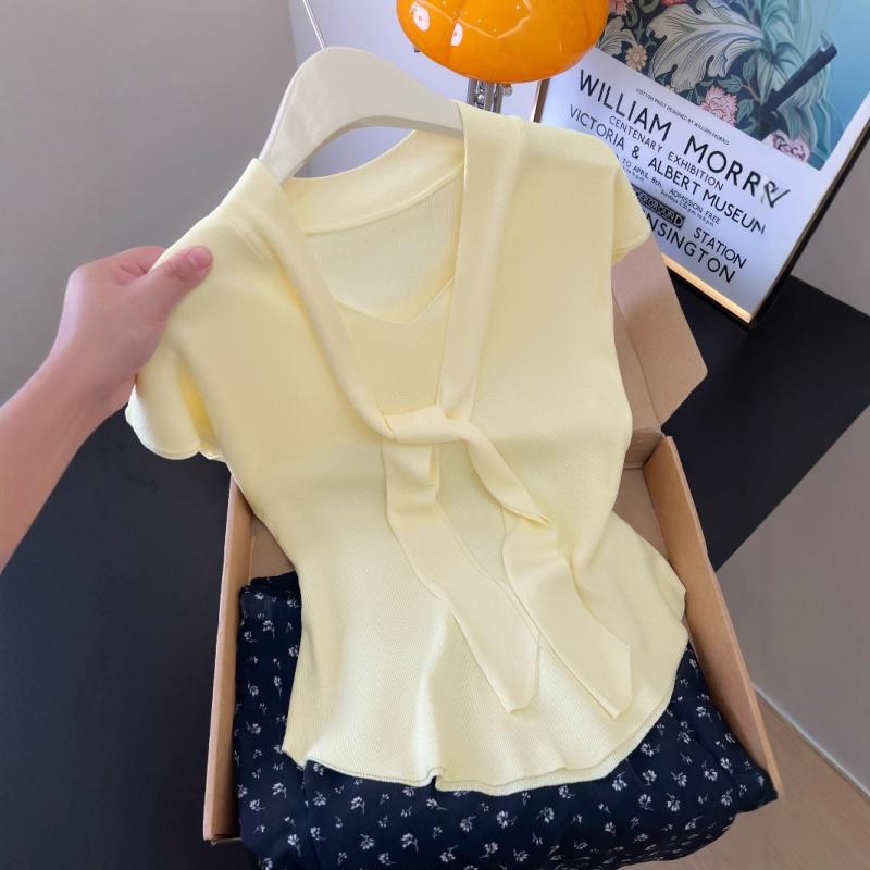 Tシャツ レディース Vネック 半袖 きれいめ 薄手 ポリエステル 無地 杏色 紺色 茶色 クリームイエロー 7分袖 接触冷感 カットソー トップス 通勤 オフィス カジュアル
