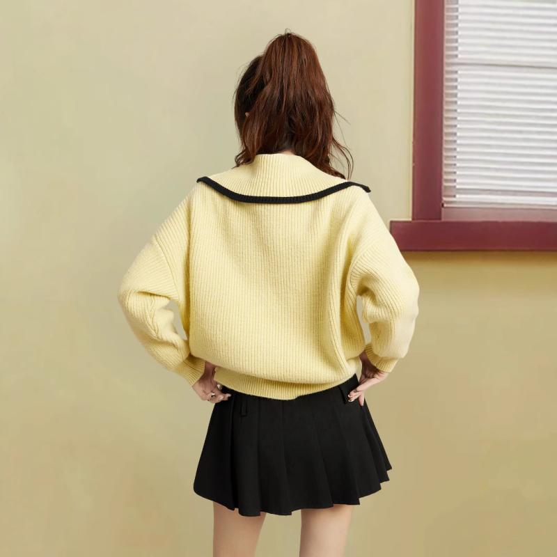 ニット カーディガン レディース 長袖 春秋 トップス 黄色 翻襟 ジップアップ ゆったり かわいい 私服 名媛風