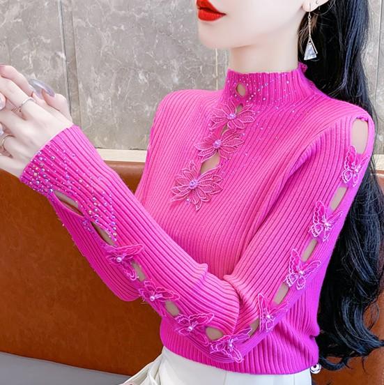 ニット レディース 長袖 薄手 接触冷感 トップス ハイネック かわいい おしゃれ ガーリー フェミニン エレガント ラインストーン パール 3D アニマル柄 ピンク系 ホワイト 白