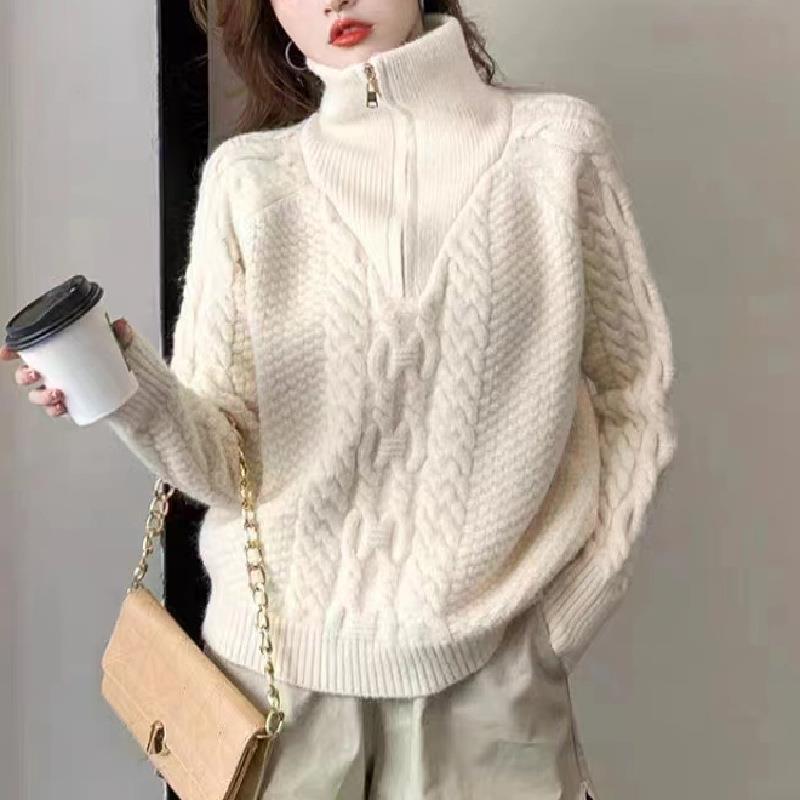 ニット レディース ニットセーター プルオーバー 秋冬 長袖 ハーフジップ ケーブル編み ゆったり かわいい 暖かい トップス 韓国ファッション カジュアル オフィスカジュアル 米白 ブルー ピンク 赤 黒 グレー2
