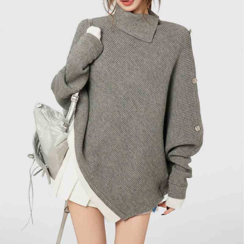 ニット レディース 秋冬 トップス チュニック 長袖 ドルマンスリーブ ゆったり ハイネック プルオーバー セーター 韓国 ファッション カジュアル かわいい おしゃれ 普段使い 部屋着 グレー ブラック2