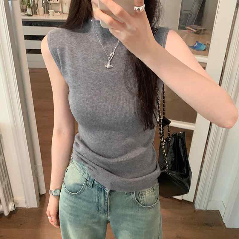 Tシャツ レディース トップス 半袖 ニット スリムフィット 無地 オートミール ベージュ グレー ブラック 通勤着 レイヤードスタイル