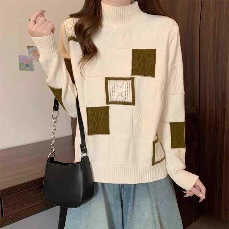 ニット セーター レディース トップス 秋冬 ファッション カシミヤ混紡 プルオーバー ゆったり 長袖 ハーフハイネック カジュアル 幾何学模様 アイボリー 赤 黒2