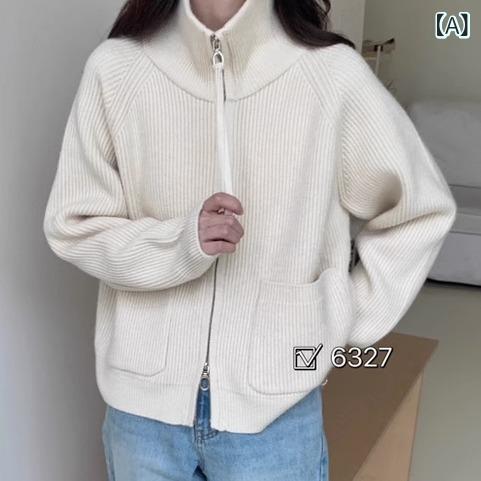 ニットカーディガン レディース 秋冬 韓国風 ハイネック 無地 ポケット付き ゆったり 伸縮性 厚手 長袖 羽織り カジュアル 普段使い ミルクホワイト2