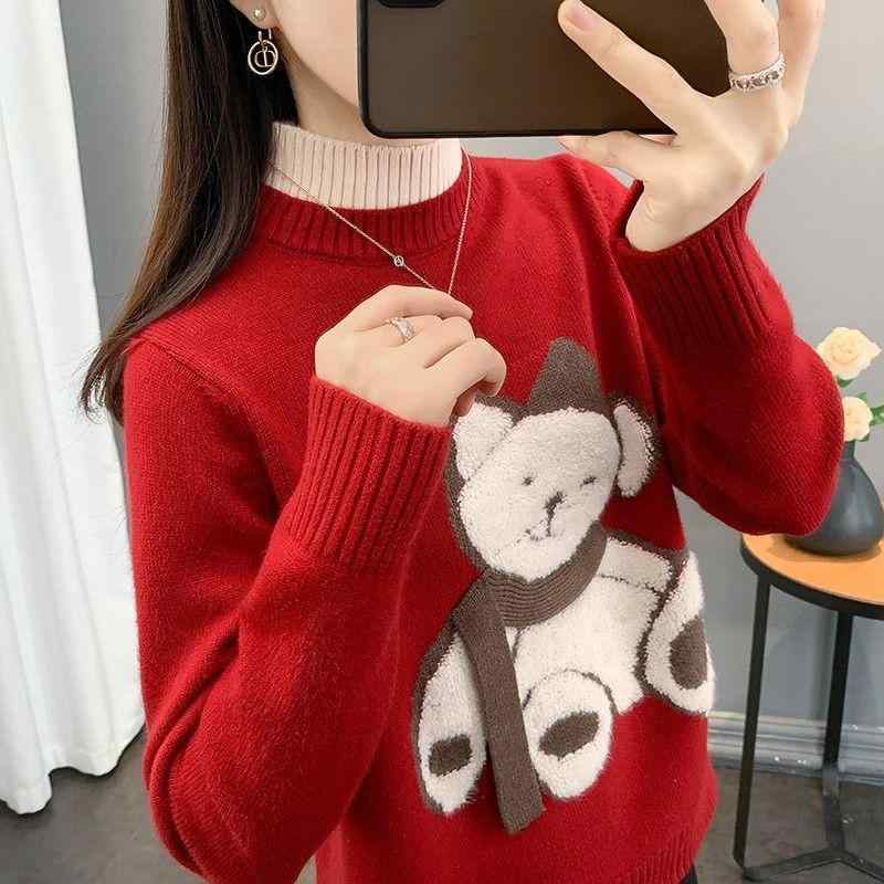 ニット レディース 秋冬 ゆったり かわいい キャラクター セーター 厚手 暖かい トップス 長袖 半高ネック プルオーバー ミドル丈 ドロップショルダー カジュアル フェミニン ガーリー オフホワイト ピンク レッド パープル