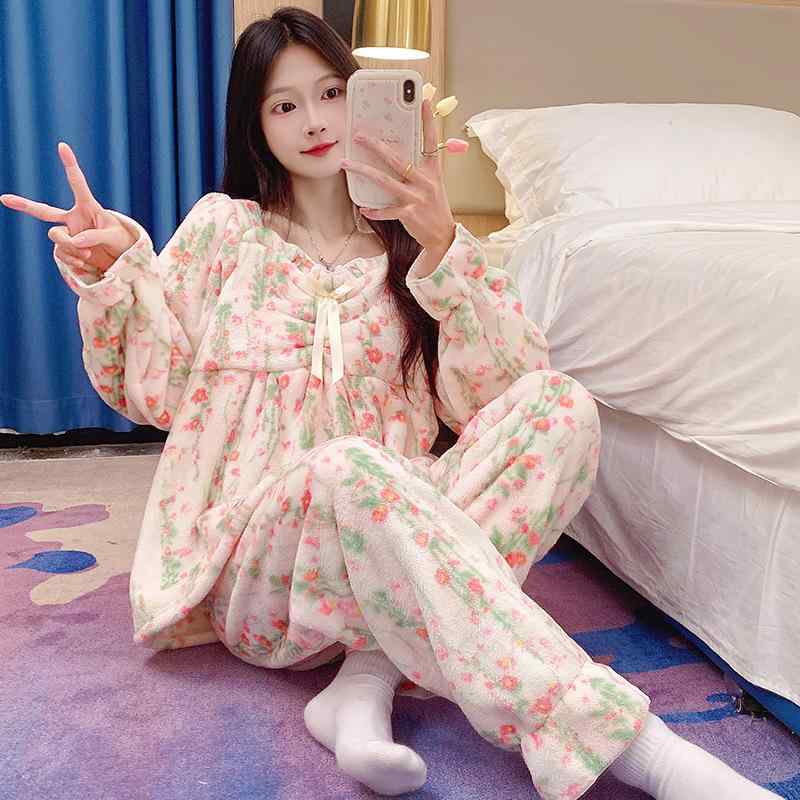 パジャマ レディース 冬 長袖フランネル セットアップ 韓国風 ゆったり かわいい プリンセス ルームウェア 部屋着 暖か 寝巻き フランネル 一字襟