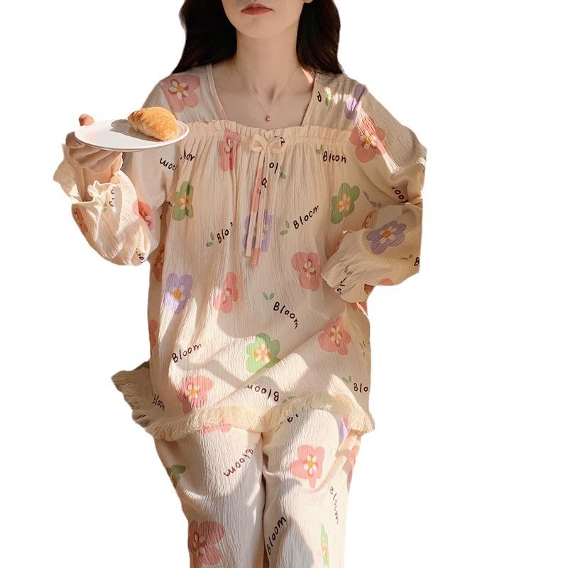 パジャマ レディース 春秋 長袖長ズボン 綿 胸パッド付き 上下セット スイート 姫系 花柄 ルームウェア リラックス ウェア 薄手 通気性 快適 伸縮性 ホームウェア 寝巻き 春秋冬2