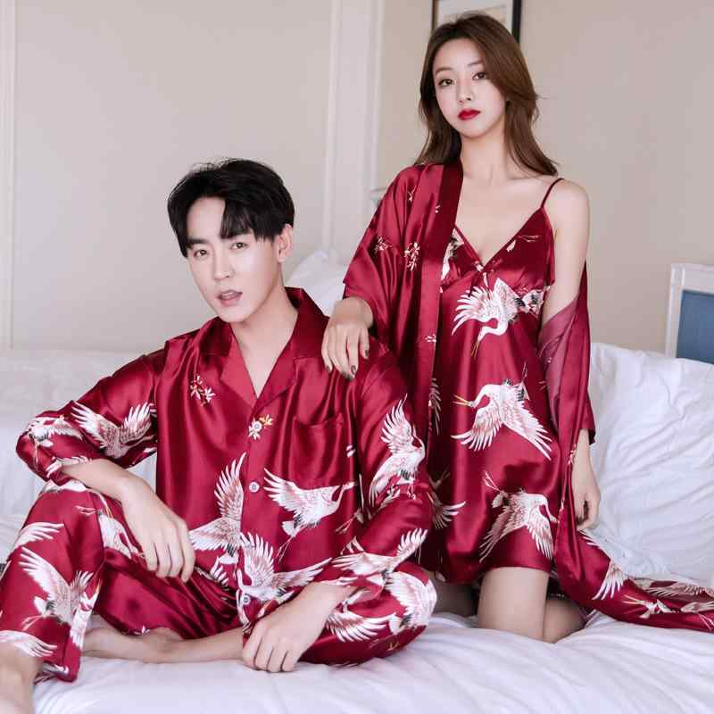 パジャマ レディース 春秋 結婚式 婚礼 伴娘用 寝間着 高級感 シルク風 浴衣風 接触冷感 ルームウェア 薄手 長袖 長ズボン 上下セット セットアップ 赤色 ポリエステル