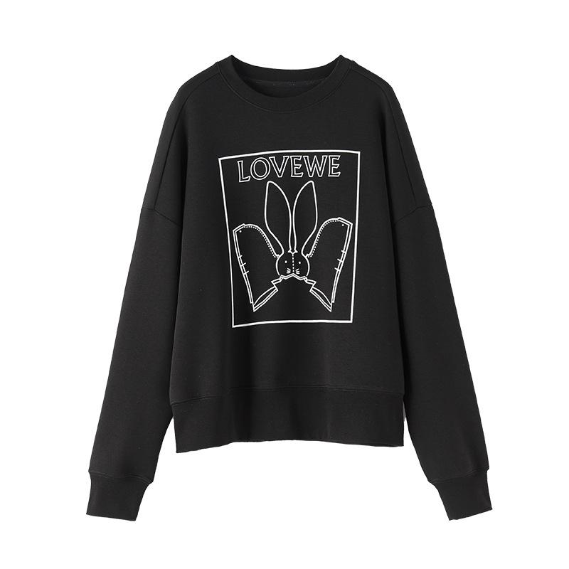 スウェット レディース プリント 長袖 Tシャツ カットソー プルオーバー ラウンドネック ゆったり 韓国風 カジュアル 部屋着 普段使い トップス 再生繊維 ブラック系 ホワイト系