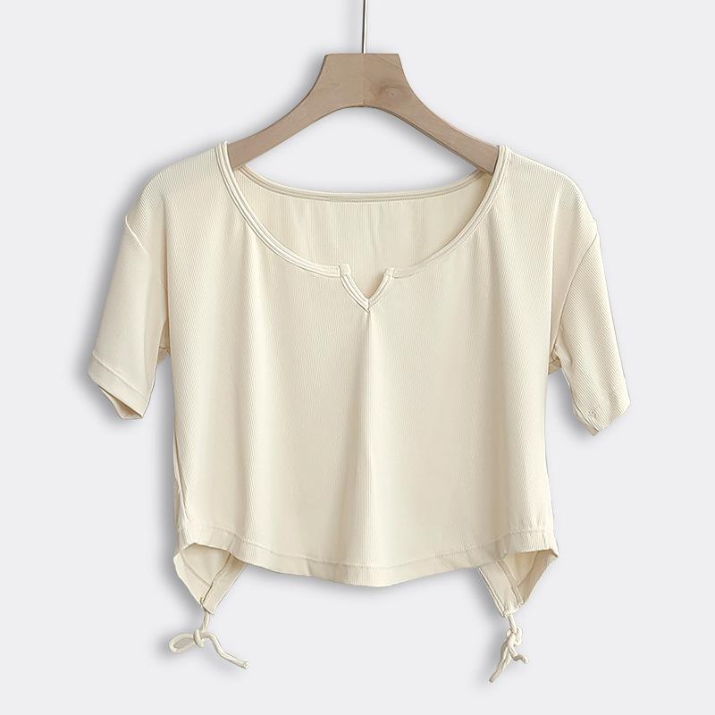 ヨガウェア レディース 半袖 Tシャツ Vネック トップス 接触冷感 スポーツ トレーニング ウェア 伸縮性 吸湿速乾 ランニング 杏色 白 黒 春夏