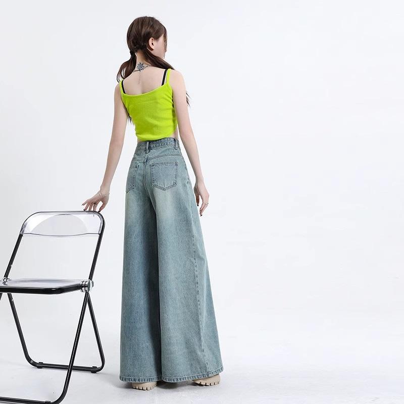 デニム レディース 水洗い加工 ワイドレッグパンツ 春秋 ハイウエスト スタイルアップ フレアパンツ ジーンズ ジーパン 大足パンツ 着痩せ効果 脚長効果 S M L XL 2XL|ブリルビ