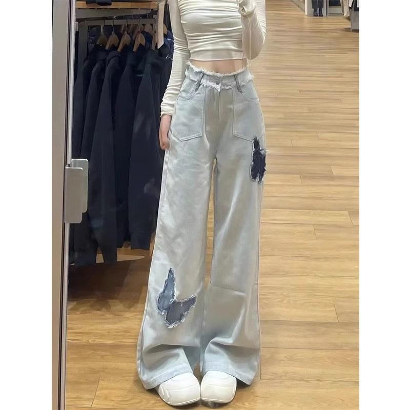 デニム レディース デニムパンツ ジーンズ ジーパン ワイドパンツ バギーパンツ ストレート 刺・墸 ウォッシュ加工 ハイウエスト 脚長 美脚 ゆったり 体型カバー|ブリルビ