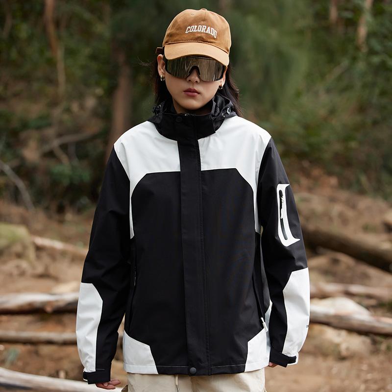 マウンテンパーカー 秋冬用 防水防風ジャケット 男女兼用 登山 アウトドアウェア ポリエステル 切り替えデザイン 黒 白 緑 グレー