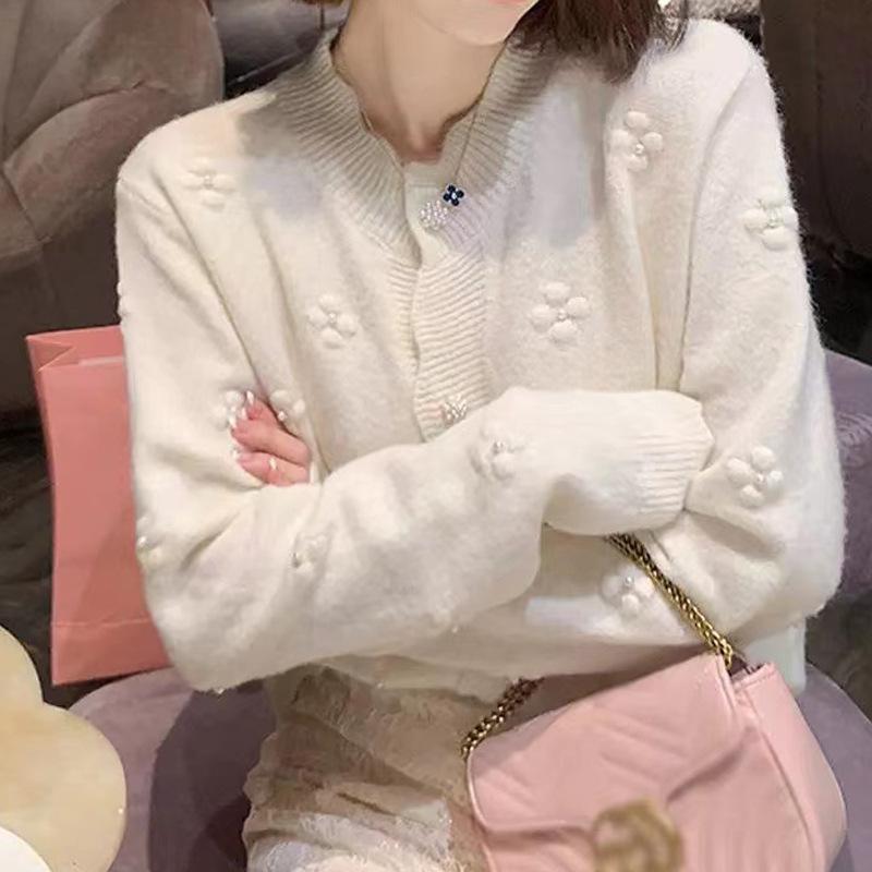 ニットカーディガン レディース 春秋冬 長袖 花柄 学院風 ゆったり かわいい 立体小花 ?珠 淡黄 ミルクホワイト パステルブルー