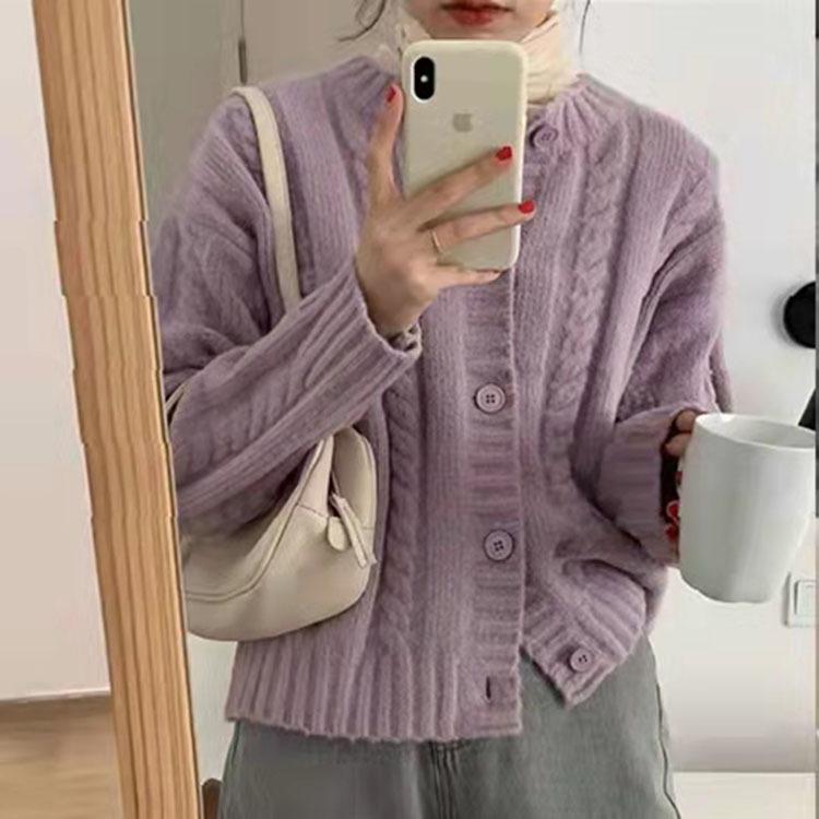 ニット カーディガン レディース 秋冬 婦人服 ゆるかわ 幾何学模様 ラウンドネック 長袖 ニット トップス 羽織りもの 杏色 ブルー パープル