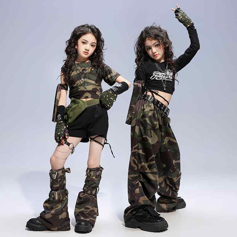ダンス衣装 子供 女の子 迷彩柄 セットアップ ジャズダンス ストリートダンス 練習着 レッスン着 舞台衣装 発表会 イベント ブラック 黒 迷彩 ベスト パンツ 長袖2