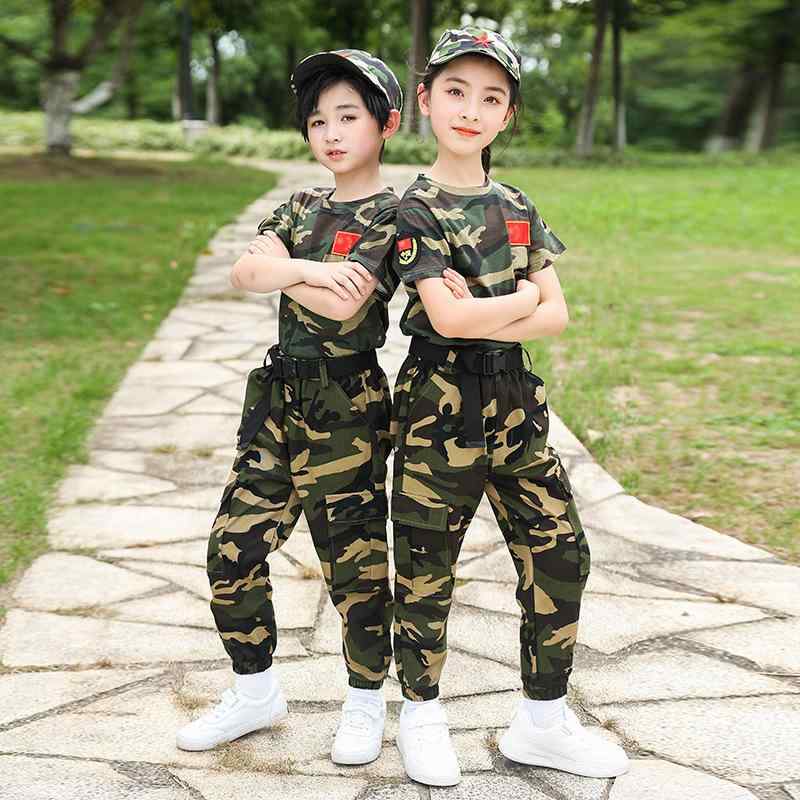 お子さん用 変装服 上下仕掛ける 小学生 御坊っちゃん お姉さん 風変わり軍事部隊 コスプレ 軍服 読み合わせる キャンプ 綿100% 二分の一ズボン下 トップス 体操服-キッズ・ベビー・マタニティ-キッズファッション