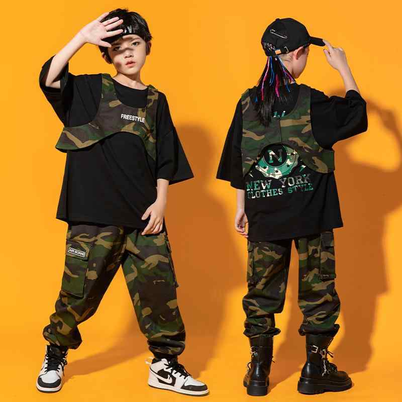 子供服 ダンス衣装 ヒップホップ セットアップ 迷彩柄 パンツ ノースリーブ ジャケット 上下セット ゆったり 男の子 女の子 ボーイズ ガールズ 練習着 レッスン着 舞台 演出服2|ブリルビ
