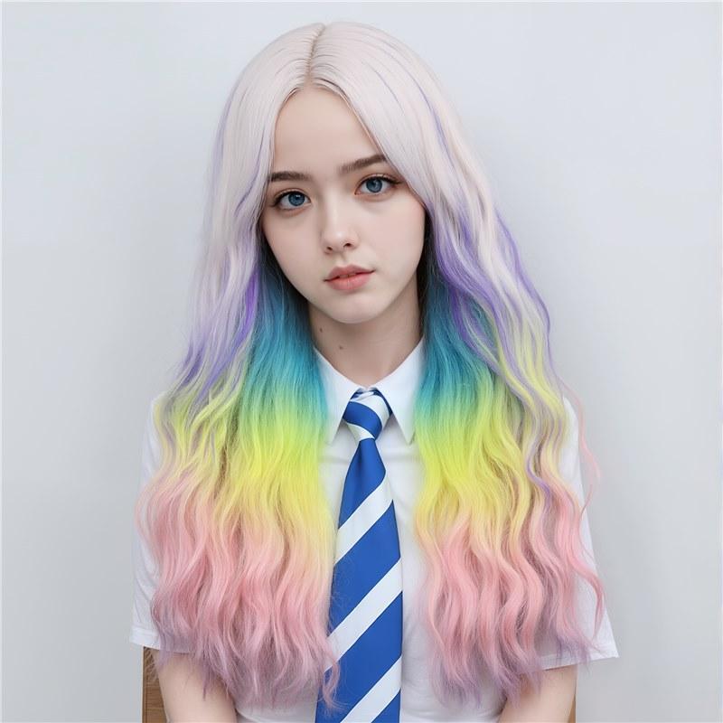 ウィッグ レディース ロングカール フルウィッグ グラデーションカラー 虹色 日常 かわいい 自然 黄色 ピンク系
