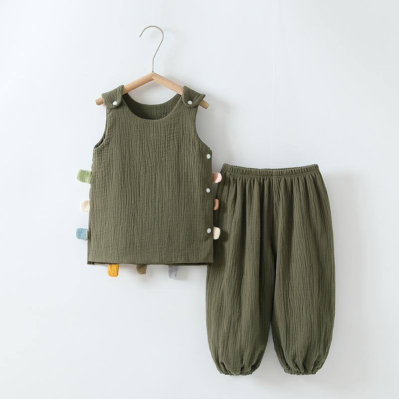 ベビー服 背心 セットアップ 春夏秋冬 上下セット 6層ガーゼ 綿100％ ノースリーブ トップス 長ズボン ズボン 厚手 通気性 男の子 女の子 かわいい ピンク系 カーキ アイボリー
