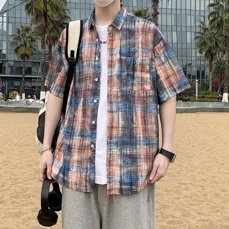 シャツ メンズ 男性用 トップス 半袖 コットンリネン混紡 ゆったり 無地 カジュアル 春夏 カーキ色 ブルー