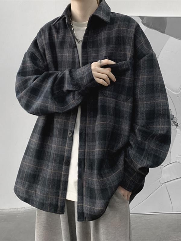 シャツ メンズ 男性用 レトロ チェック柄 長袖 カジュアル トップス ジャケット 麻 リネン 深灰 ・稀・汲色