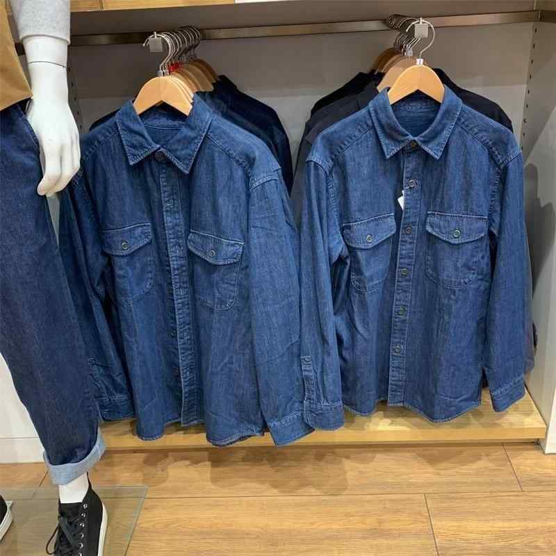 シャツ メンズ 男性用 デニム ワークシャツ ウォッシュ加工 長袖 薄手 立襟 ルーズフィット ゆったり 天ブルー 宝ブルー ダークブルー ブルーストライプ
