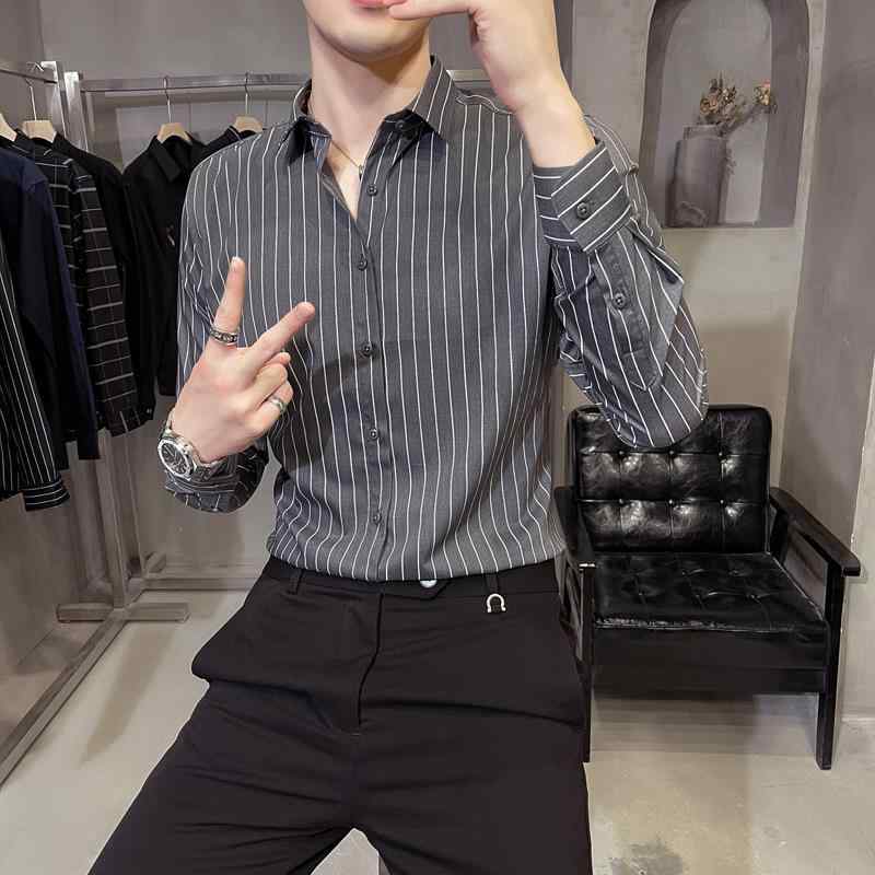 シャツ メンズ 男性用 長袖 トップス ストライプ柄 形態安定 抗シワ ビジネス カジュアル リネン混紡 スリムフィット 四季