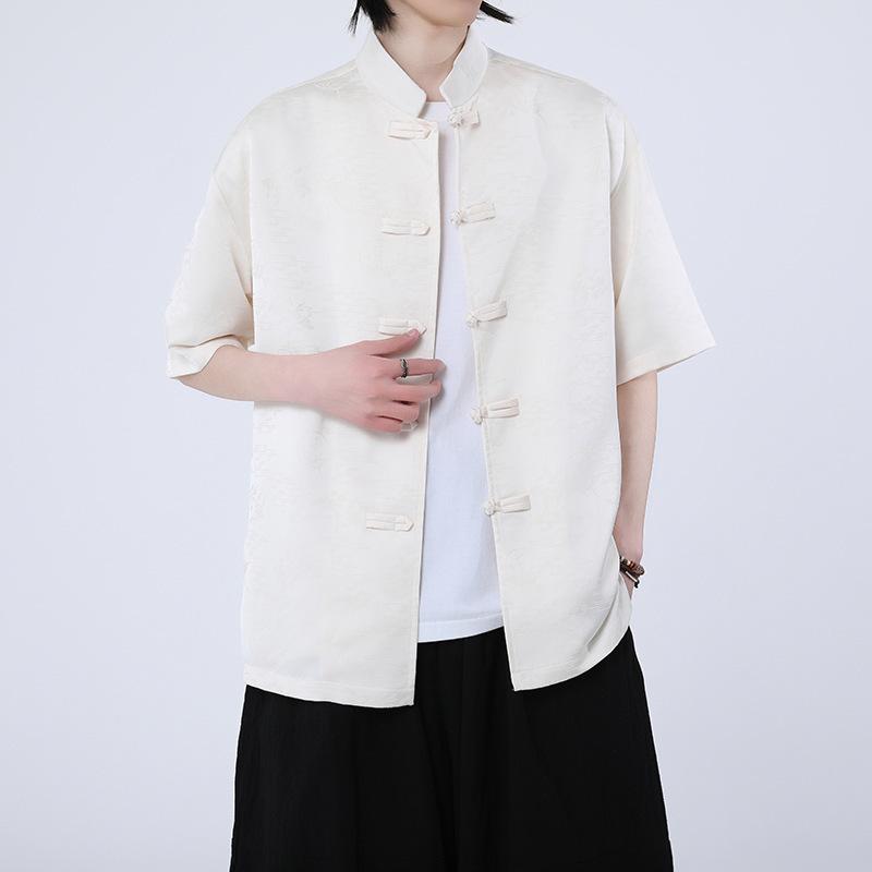 シャツ 男性用 新中式 チャイナ風 アジアンテイスト リネン 開襟 半袖 薄手 夏 春夏 レッド ホワイト ブラック M L XL 2XL 3XL 4XL 5XL