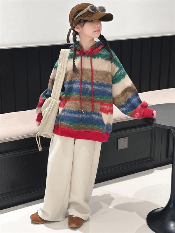 キッズ ガールズ パーカー ワイドレッグパンツ セットアップ 春秋 長袖 フード付き 絞り染め 2点セット 子供服 女の子 普段着 部屋着