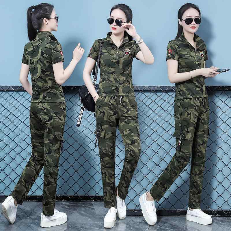 迷彩服 レディース 半袖Tシャツ 迷彩柄パンツ セットアップ ストレッチ ウエストゴム 2点セット 普段使い アウトドア 春夏