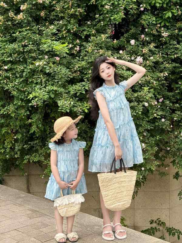 ワンピース 子供服 女の子 親子ペア 墨染め Aライン チュニック 夏物 かわいい 墨染め リゾート 公園 普段使い ポリエステル