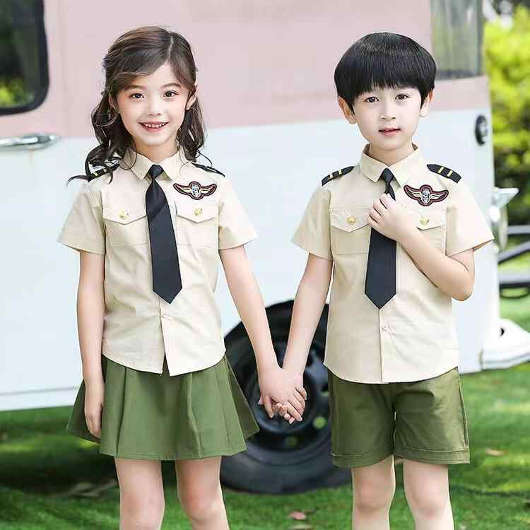 子供用 迷彩服 セットアップ キッズ 男の子 軍服 警官 春夏 半袖 スカート付き 2点セット 小学校 中学校 大人も着れる 綿