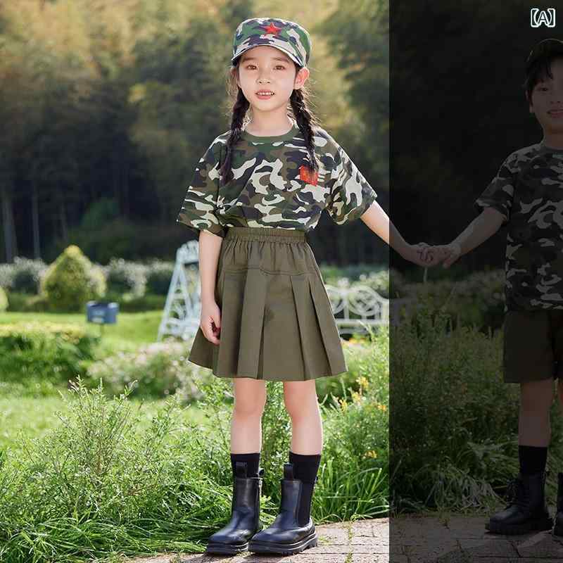 キッズ 迷彩服 夏 セットアップ 小学生 スクールユニフォーム 子供 夏用 軍隊 トレーニングウェア ハーフパンツ ロングパンツ 帽子付き ウエストベルト付き 綿 男の子 女の子 幼稚園 保育園 演出服 練習着 スポーツ 運動着