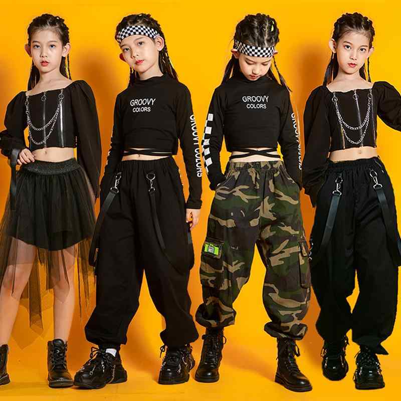 ダンス衣装 子供 女の子 ジャズ ヒップホップ ストリートダンス へそ出し 練習着 セットアップ 迷彩パンツ チュールスカート 長袖トップス