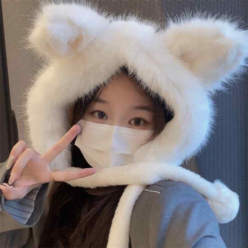 帽子 レディース かわいい 狐耳 ファー あったか 防寒 保温 ニット帽 秋冬 韓国 おしゃれ オフホワイト ベージュ2